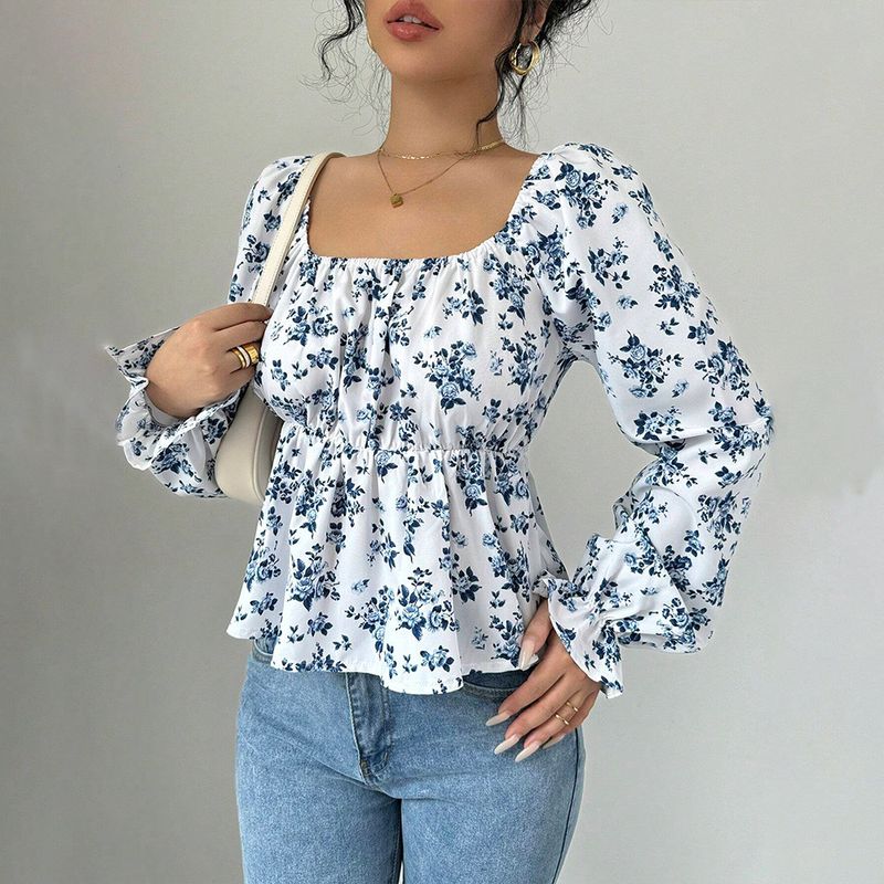 Maglietta da donna fresca e dolce, autunno e inverno, scollo quadrato, maniche a sbuffo, stile caldo, floreale, a maniche lunghe_voghion.com