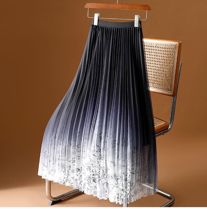Damenbekleidung Bedruckter Netzrock für Damen im Frühjahr und Sommer, neuer floraler Gazerock, mittellanger drapierter Faltenrock, langer A-Linien-Rock_voghion.com