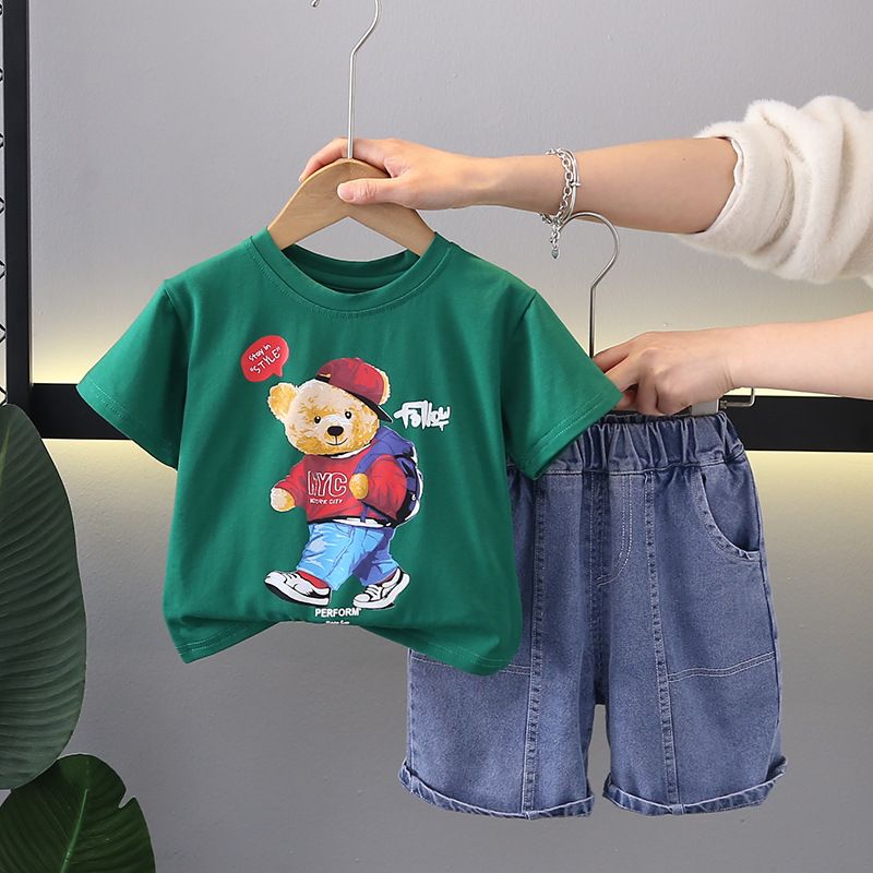 Mère et enfants garçons vêtements d'été plancton bel ensemble petits enfants été à manches courtes vêtements minces garçons bébé short en denim_voghion.com