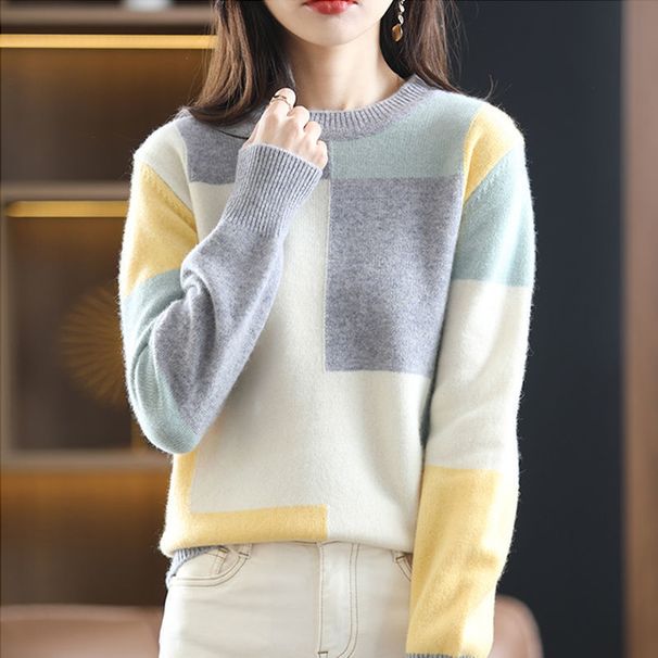Oversized Color-Block Knit Sweater - Longline Viscose Blend Pullover With Dropped Shoulder (S-2XL, Cream/Navy)_voghion.com