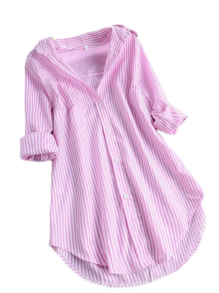Camicia da donna ampia a maniche lunghe a righe, modello unico, primavera/estate 2025_voghion.com