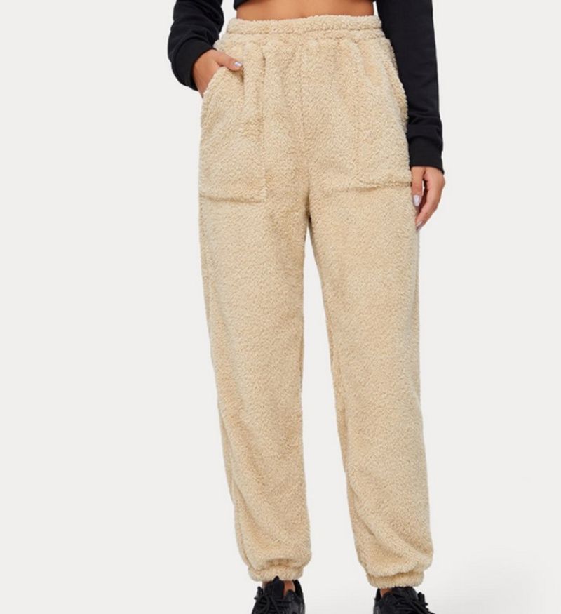 Women's elastic waist double-sided fluffy fluffy warm casual corset pants wide leg pants_voghion.com