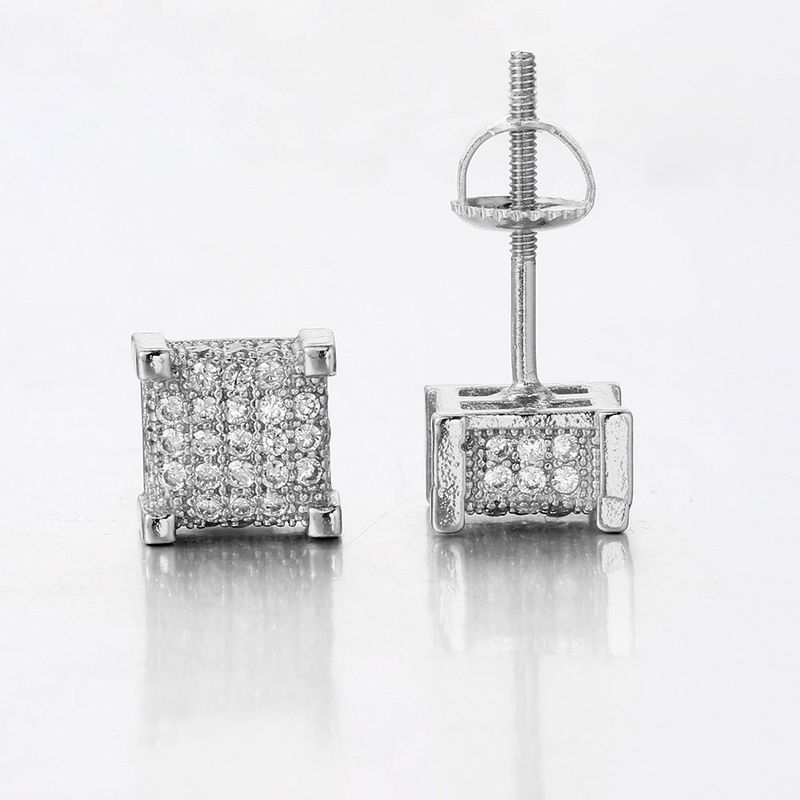 Square threaded men's micro inlaid zircon full diamond earrings, street trendy hip-hop popular earrings_voghion.com