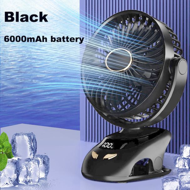 USB-aufladbarer tragbarer Clip-Ventilator, 6000 mAh, kabelloser elektrischer Ventilator, starker Wind, 5 Geschwindigkeiten, Tisch-/Desktop-Ventilator für das Büro im Freien_voghion.com