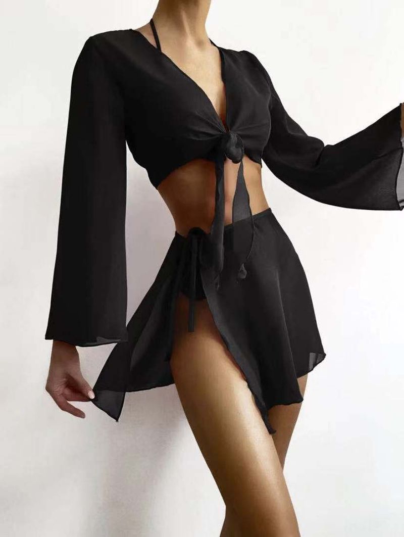 Damen-Bademode, Einheitsgröße, schwarz, Push-up, einfarbig, langärmlig, geteilter Triangel-Badeanzug-Bikini_voghion.com
