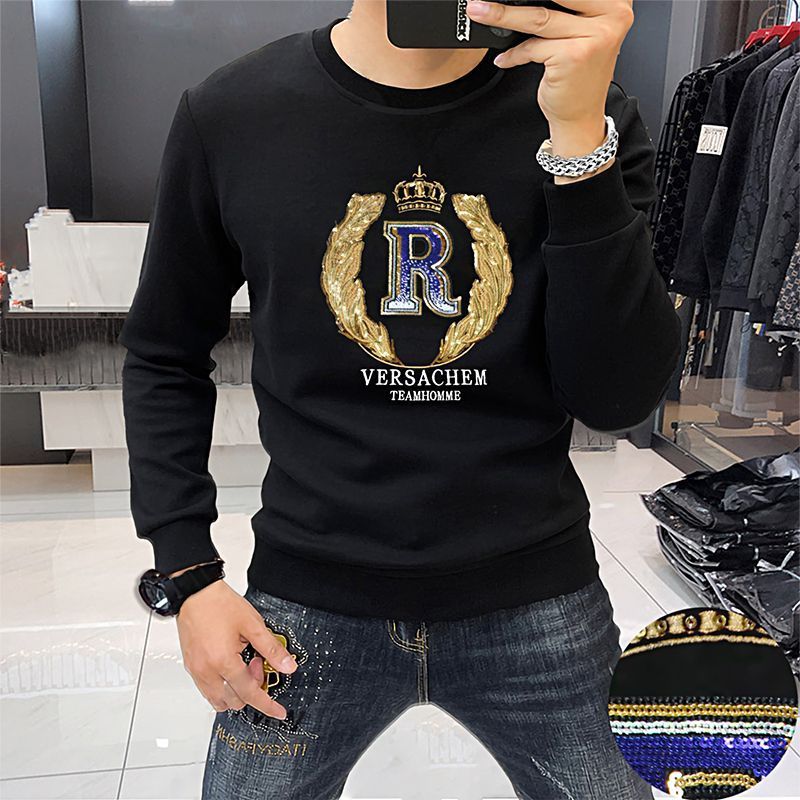 Sudadera para hombre otoño invierno 2023, camiseta de manga larga, camisa de cuello redondo con letras de lentejuelas bordadas, de mediana edad y jóvenes_voghion.com
