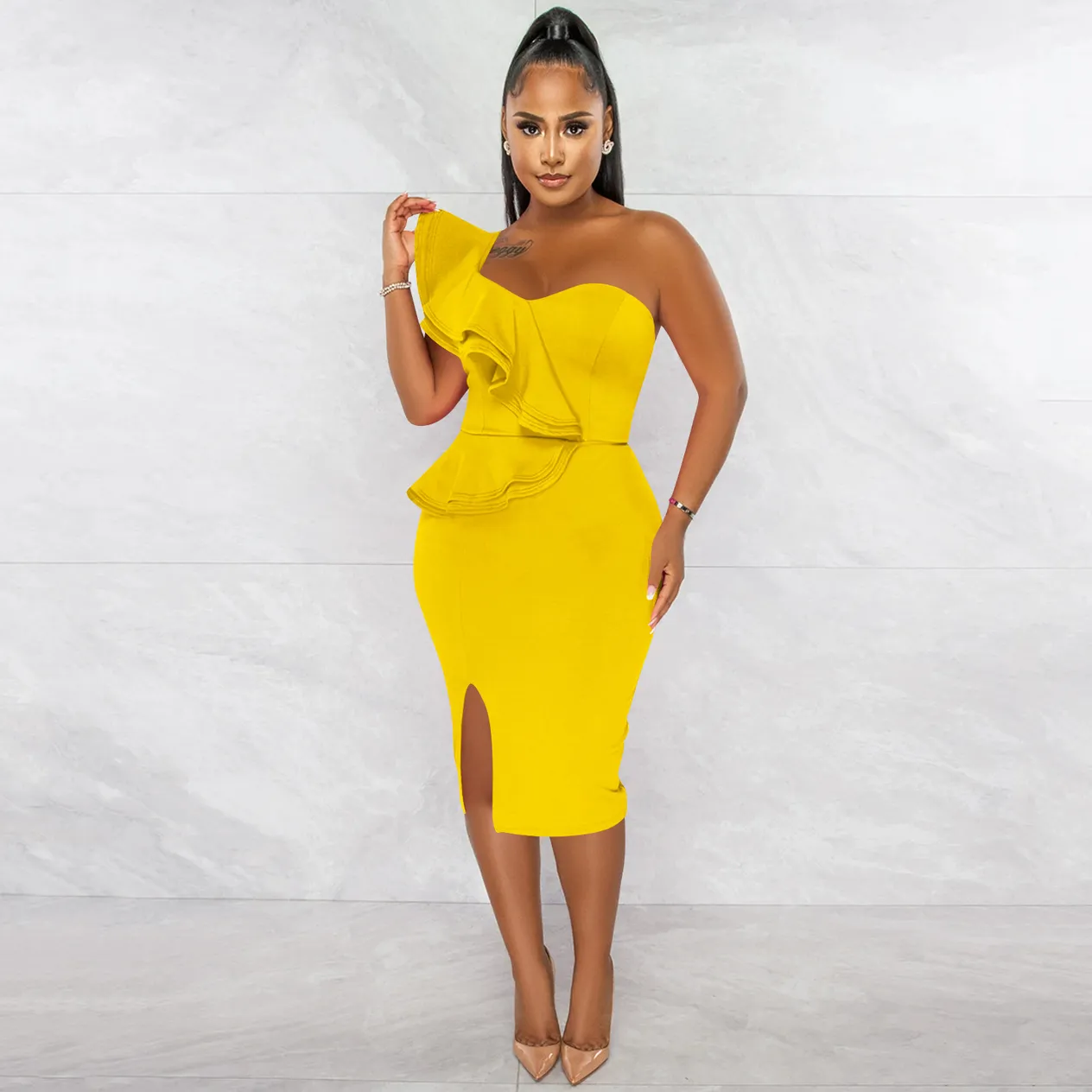 Women's Clothing fashion casual ruffled slit one shoulder sleeve dress women's clothing_voghion.com