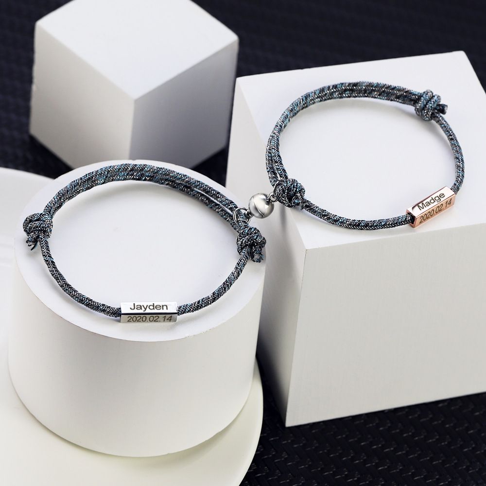 Personalized DIY Name Engraving Woven Letter Magnetic Couple Bracelet Niche Style Wristband_voghion.com
