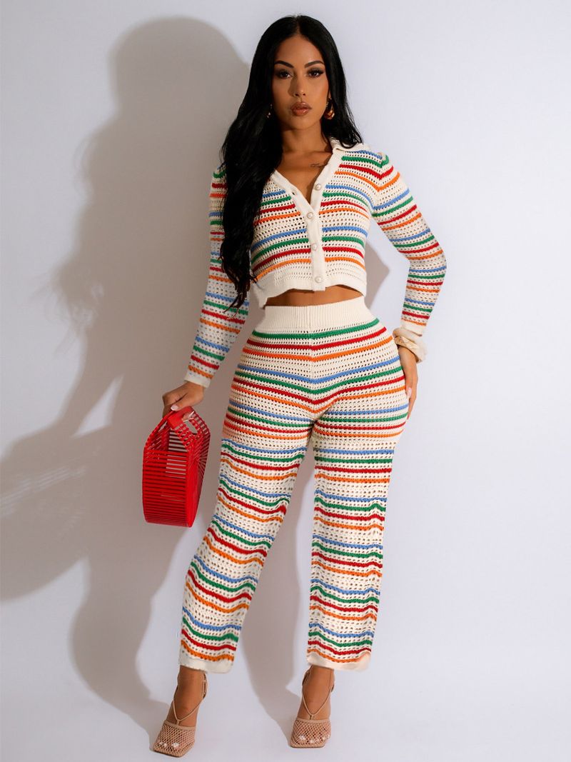 Vêtements pour femmes Été Nouveau Sexy Tricoté Couleur Contrastée Pantalon À Manches Longues Jambe Large Costume Décontracté_voghion.com