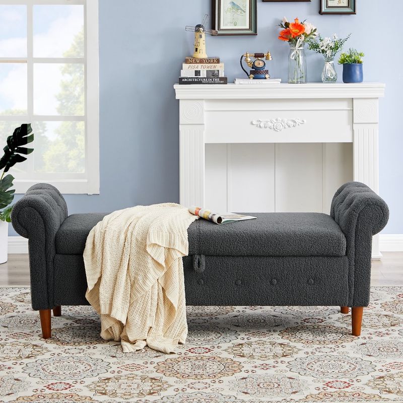 Grey Teddy Velvet Multifunctional Storage Rectangular Sofa Stool_voghion.com