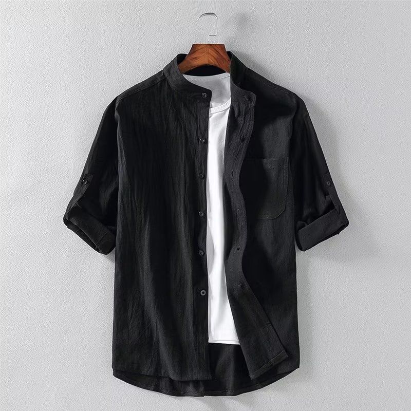 Men's Clothing Summer linen shirt men's short-sleeved shirt loose cotton and linen half-sleeved three-quarter button-down shirt top clothes_voghion.com