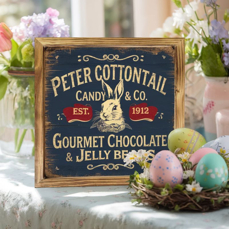Vintage-Holzschild „Peter Cottontail Candy Co.“ – 20,3 x 20,3 cm, Bauernhaus-Wandkunst. Perfekt für Küche, Büro oder als Einweihungsgeschenk._voghion.com
