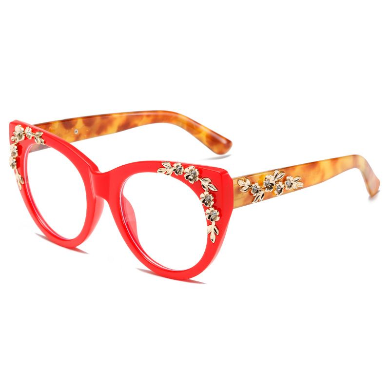 Floral Diamond Tortoiseshell Frame Anti-Blue Light Cat Eye Trendy Street Photography Decoration Women's Plain Glasses_voghion.com