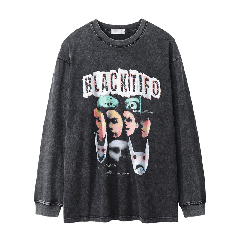 T-shirt a maniche lunghe stampata da uomo, lavata per creare una vecchia camicia funebre casual e allentata_voghion.com