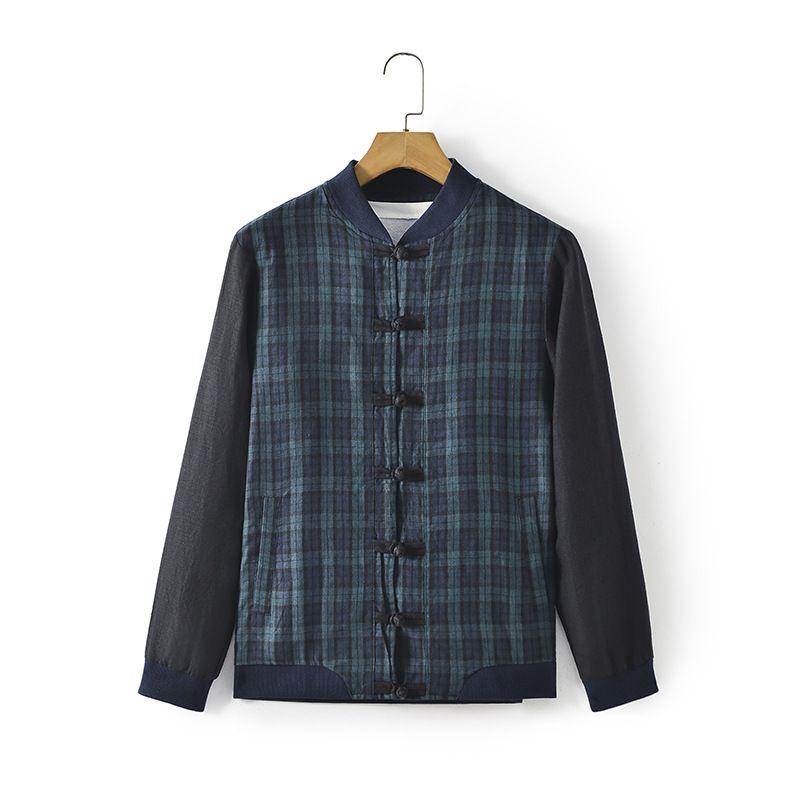 Abbigliamento Uomo Autunno Nuovo Lino Abbigliamento Uomo Giacca in Lino con Collo Alto Giacca in Lino a Quadri Giacca Casual E021_voghion.com