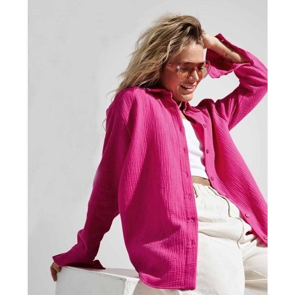 Damenbekleidung Saison Langarmhemd aus reiner Baumwolle Krepp Neues bequemes lockeres Hemd Schal_voghion.com