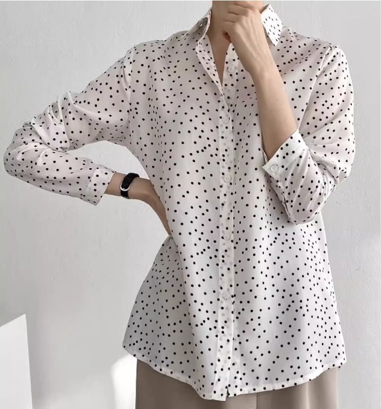 Camicia monopetto coreana chic primavera/estate 2024 con colletto a punta ondulato, casual e pigra, a maniche lunghe_voghion.com