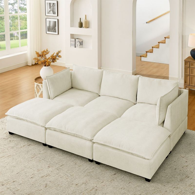Comfy Cloud Couch Sectional 3 Seat Sofa With 2 Ottoman, Chenille Sofa Sleeper Deep Seat Sofa With Throw Pillows For Living Room(Beige White)_voghion.com