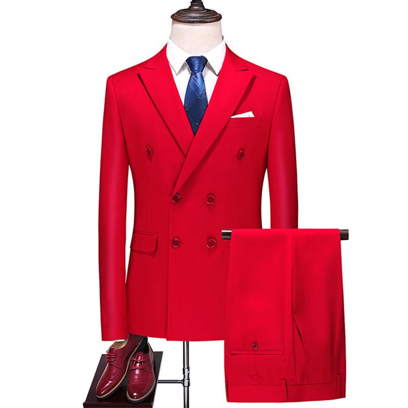 Men's Clothing large size suit three piece double breasted solid color hollow business casual suit_voghion.com