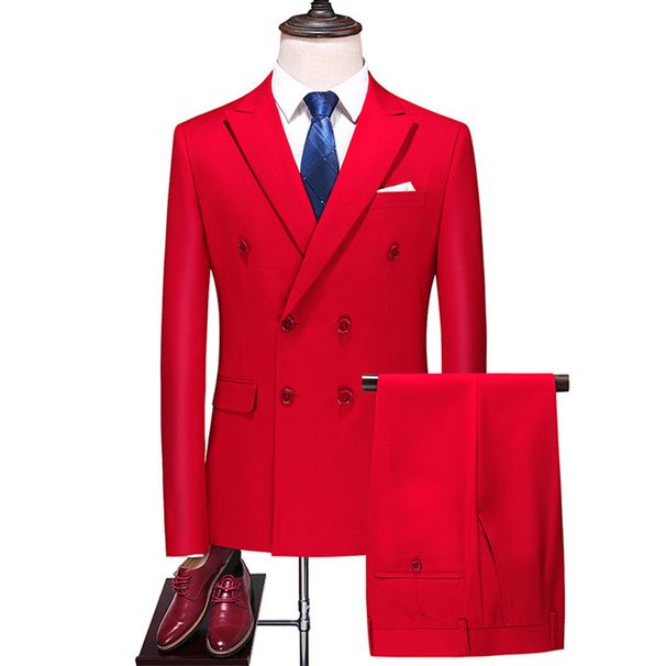 Men's Clothing large size suit three piece double breasted solid color hollow business casual suit_voghion.com