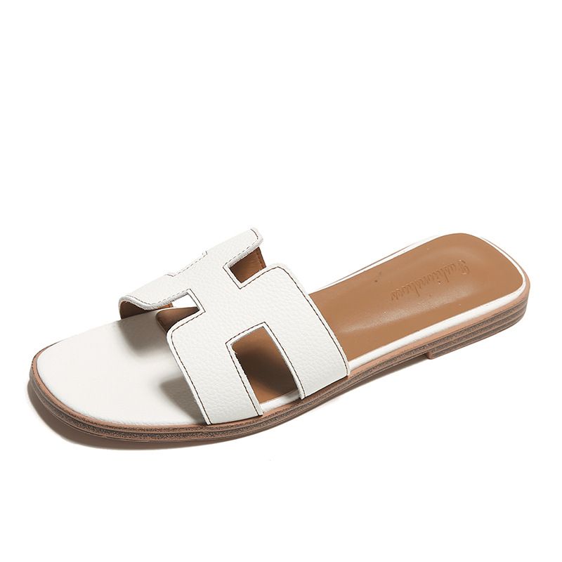 Flade læder hjemmesko Dame sommer Nye skridsikre strandsko Overtøj Modesandaler Casual All-match sandaler og hjemmesko_voghion.com
