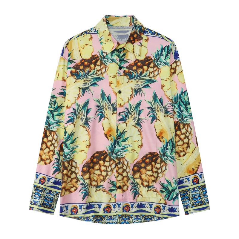Abbigliamento maschile, camicia a fiori stile strada alta, ananas, stampa completa, camicia a maniche lunghe, cardigan da spiaggia per giovani uomini_voghion.com
