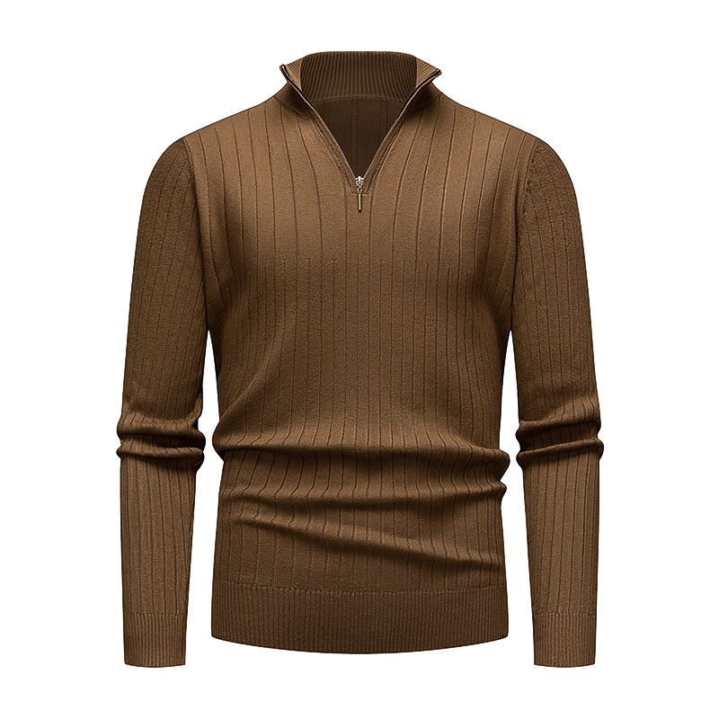 Herbst Winter Herren Strickpullover mit halbem Reißverschluss, Stehkragen, einfarbig, modisch, vertikal gestreift, für Männer_voghion.com