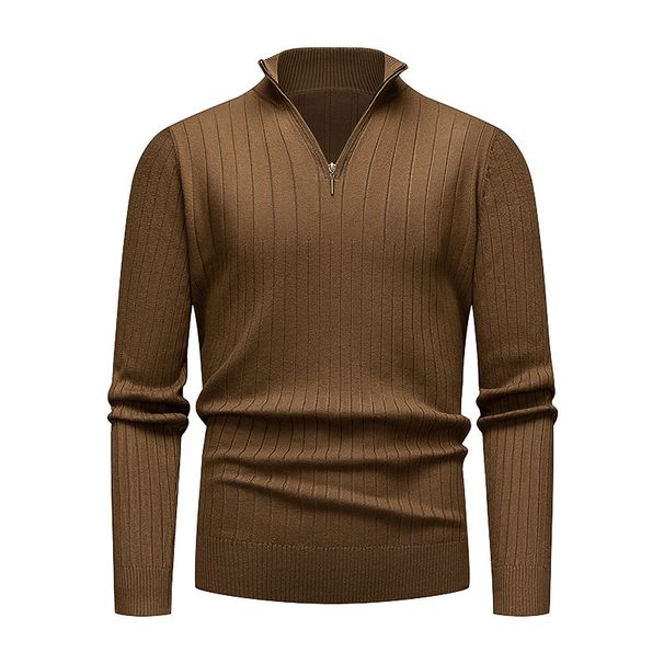 Herbst Winter Herren Strickpullover mit halbem Reißverschluss, Stehkragen, einfarbig, modisch, vertikal gestreift, für Männer_voghion.com