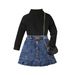 Children's Dress Girls Solid Color Vest Long Sleeve Top Denim Open Bag Pleated Skirt Suit_voghion.com