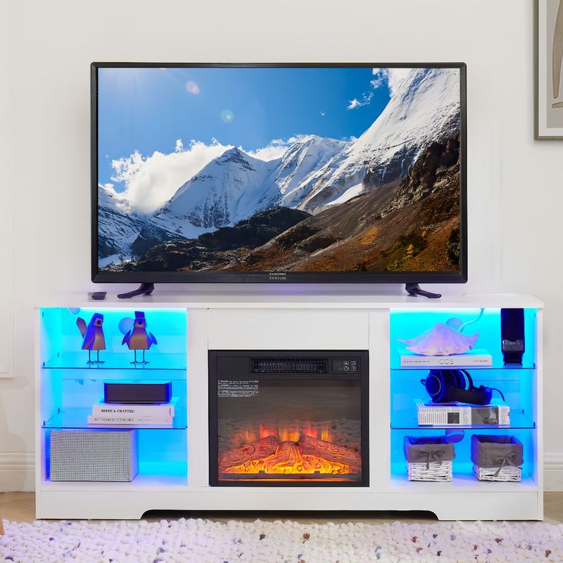 TV Stand Electric Fireplace Glass Shelves, 3D Fireplace TV Stand With LED Lights Wood With USB Charging Outlet Modern Television Table Center For TV_voghion.com