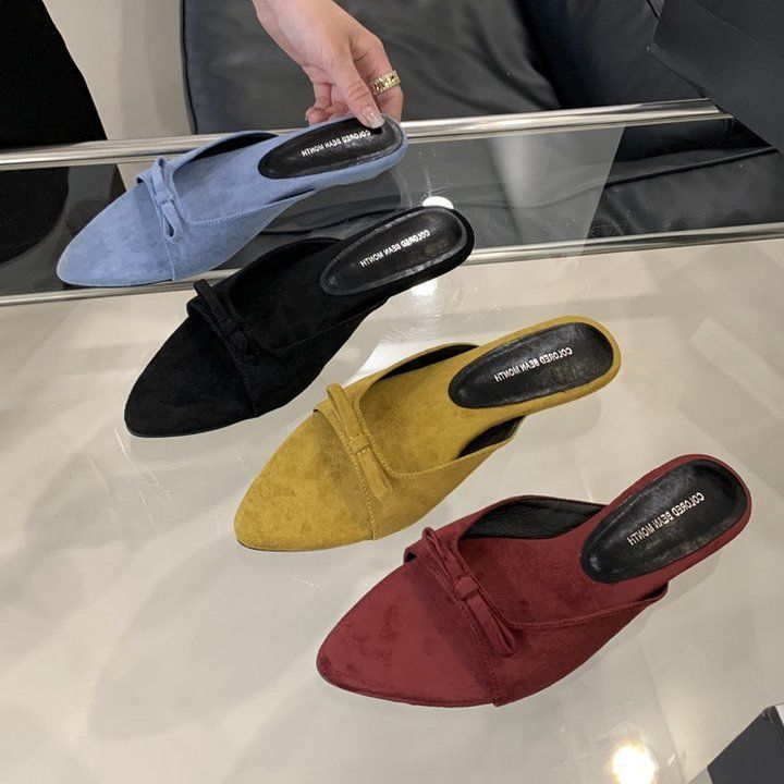 Style Suede Bow Pointed Low Straw Women's 2025 New Summer Flat Heel Sandals_voghion.com