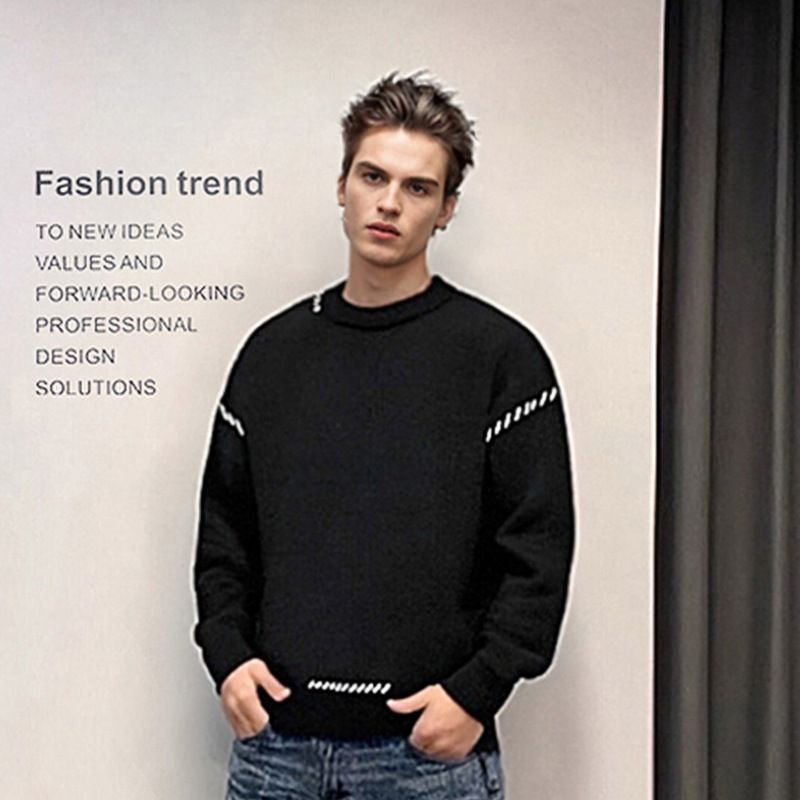 Maglione girocollo a contrasto di colore con design luminoso a linea di nicchia per uomo, nuovo autunno e inverno, casual, versatile, sciolto, da uomo_voghion.com