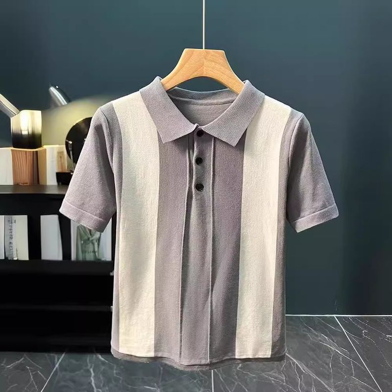 Men's Clothing Polo shirt men's short sleeve summer 2024 new lapel color matching striped knitted t shirt versatile slim trend_voghion.com