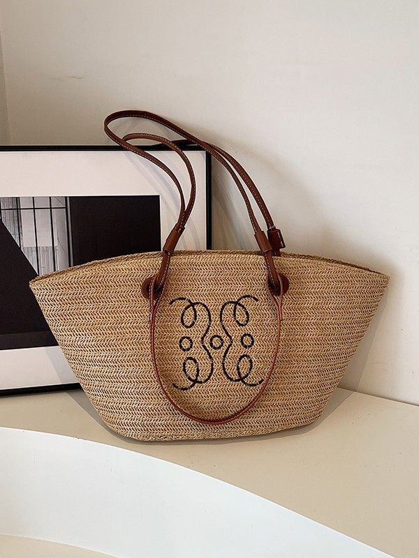 Damen Große Kapazität Gewebte Satchel Sommer Strand Stroh Eimer Schultertasche_voghion.com