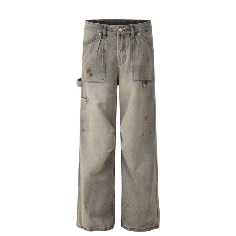 Stylish Korean Style Ink Splash Unisex Jeans American Loose Fit Long Washed Double Pleat Workwear Pants_voghion.com