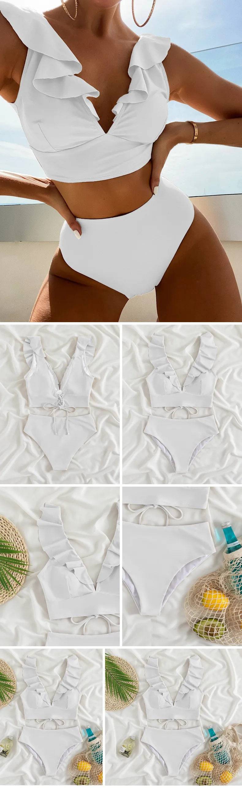 Maillot de bain fendu multicolore à volants et col en V pour femme, bikini taille haute fendu_voghion.com