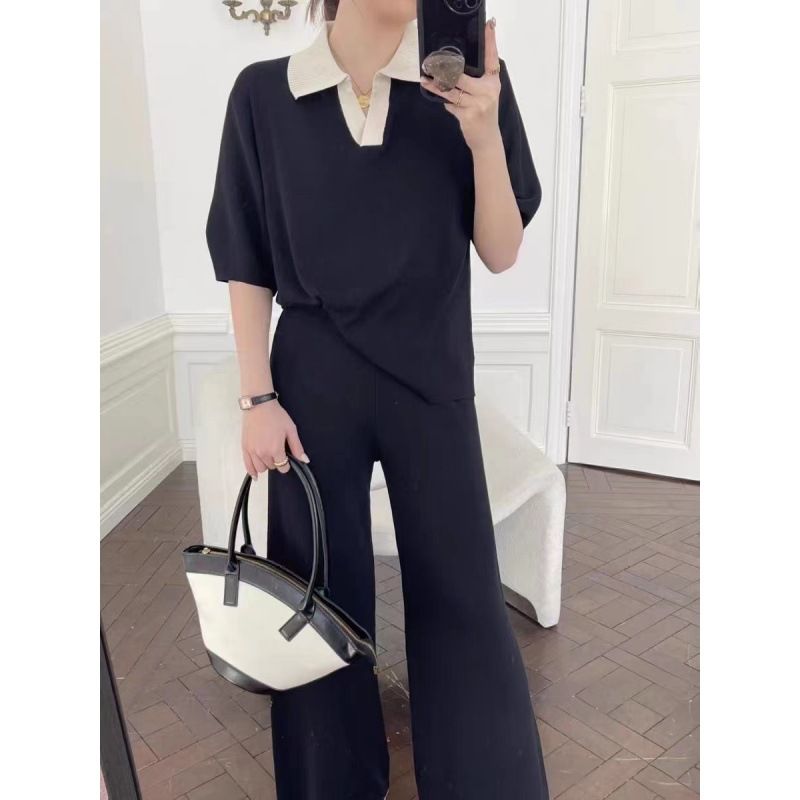 New Autumn Pama Sets for Women Polo Collar Short Sleeve Knitting Top Sweater High Waist Wide Leg Pants Two Piece Set_voghion.com