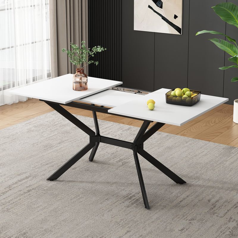Weißer Erweiterbarer Esstisch 120/160*80cm, Tischbeine Aus Schwarzem Metall, Weißer Rechteckiger Esstisch, Geeignet Für Vier Bis Sechs Personen_voghion.com