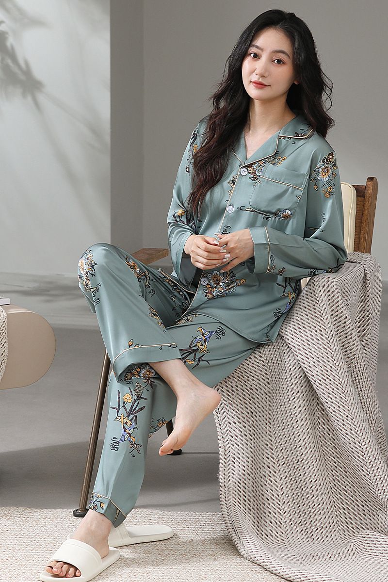 【Rose Story】Ice Für Frauen Frühling Sommer Langarm Hosen Pyjama Set Satin High-end Seide Pyjamas_voghion.com