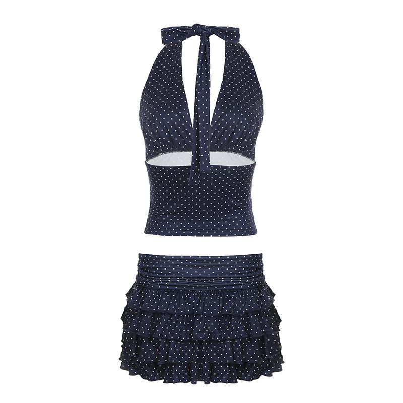 Neuer Zweiteiler im Urlaubsstil für Damen mit gepunktetem Neckholder-Top mit V-Ausschnitt und mehrlagigem Rüschenrock-Set_voghion.com