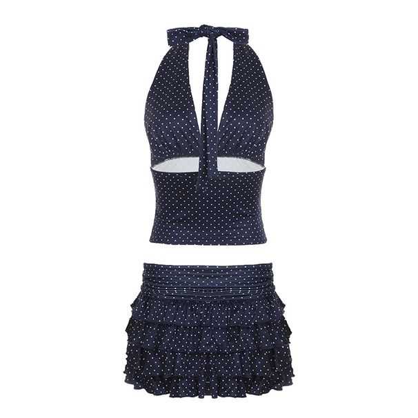 Neuer Zweiteiler im Urlaubsstil für Damen mit gepunktetem Neckholder-Top mit V-Ausschnitt und mehrlagigem Rüschenrock-Set_voghion.com