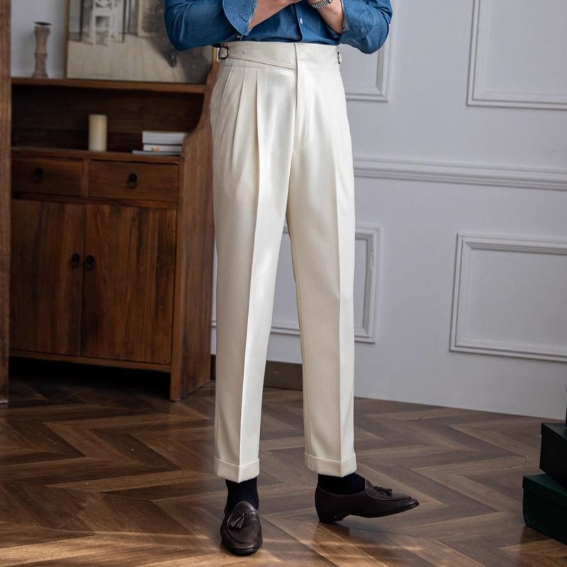 Pantaloni casual dritti a vita alta primaverili e autunnali da uomo, pantaloni versatili retrò britannici_voghion.com