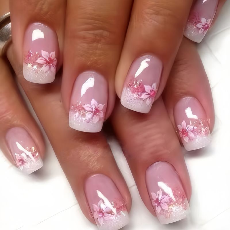 kvadratni francuski umjetni nokti svjetlucavi ružin prah svjetlucave latice nail art slatki ins stil nokti_voghion.com