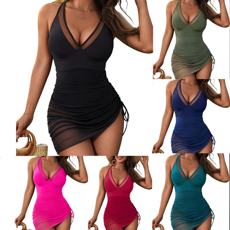 Women's Clothing Deep V Swimsuit Mesh Splicing Side Drawstring Female_voghion.com