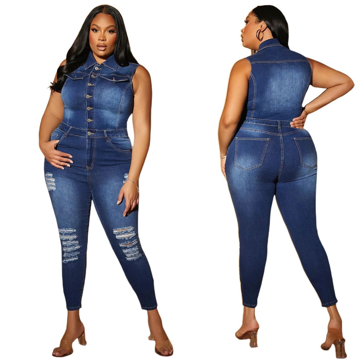 Tuta da donna sexy alla moda in denim con foro spray pronta per la vendita_voghion.com