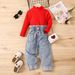 Abbigliamento per bambini e bambine, tinta unita, a maniche lunghe, con collo alto, pantaloni in denim arricciati, set da due pezzi_voghion.com
