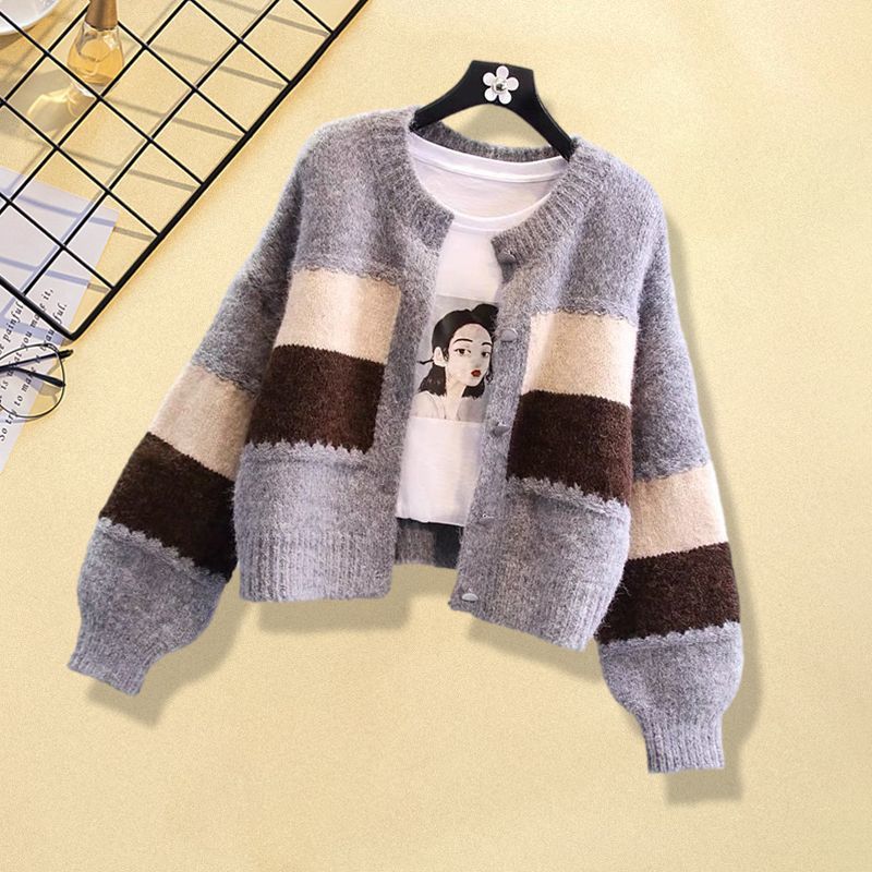 Autumn Women's Two-Piece Outfit - Color Block Knit Cardigan & High Waist Jeans, Tea-Inspired Casual Set (M-4XL)_voghion.com