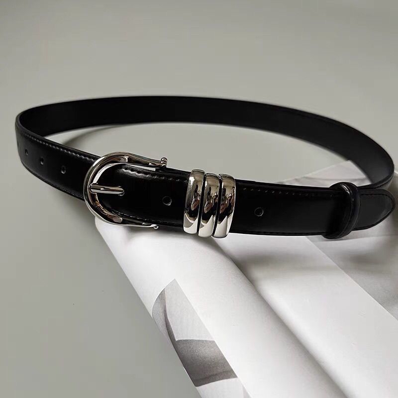 Women's High-End Genuine Leather Decorative Skirt Versatile Silver Buckle New Belt Korean Jeans JK Simple Black_voghion.com