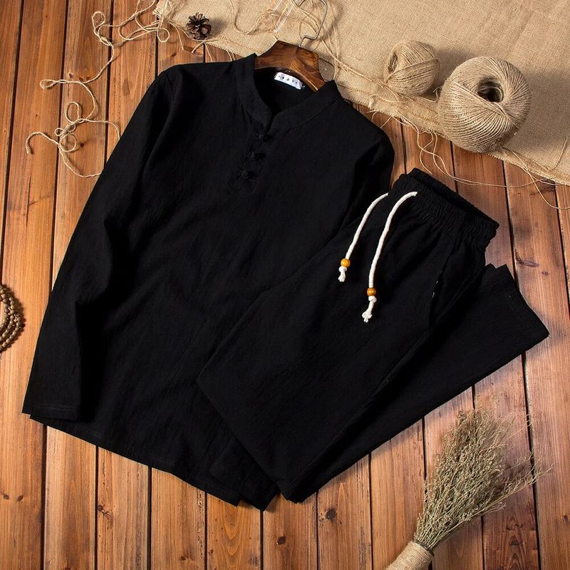 2024 Spring Autumn Long-sleeved Trousers Breathable Men's Casual Summer Cotton Linen Two-piece Suit_voghion.com