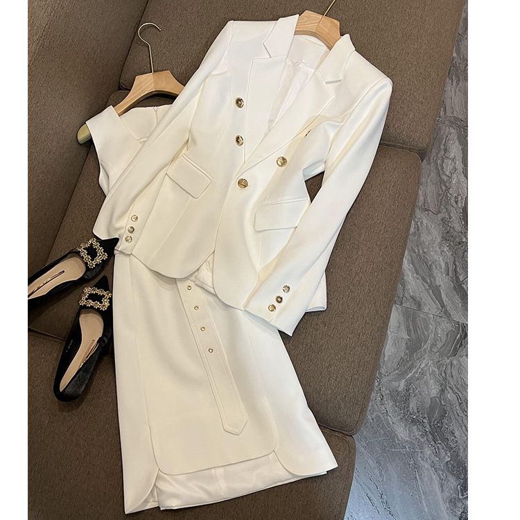 Damenmode Anzug Weiße Weste Rock Temperament Jacke Zweiteiliges Set Look Schlank Und Jung_voghion.com